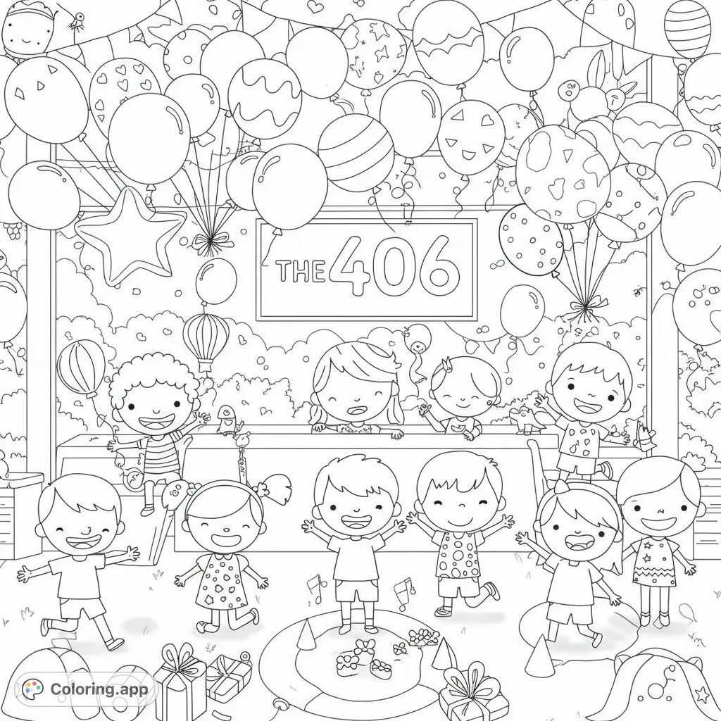 Celebrate Kids Day at The 406! A joyful scene with children, balloons, and festive fun, perfect for a free printable coloring page.