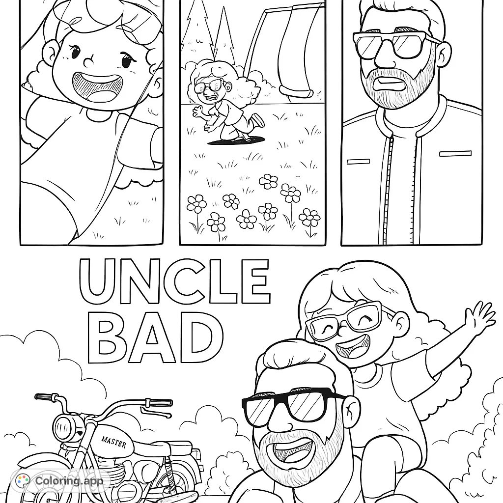 A heartwarming multi-panel story of a girl and her uncle, featuring a motorcycle and playful moments. Perfect for family-themed coloring.