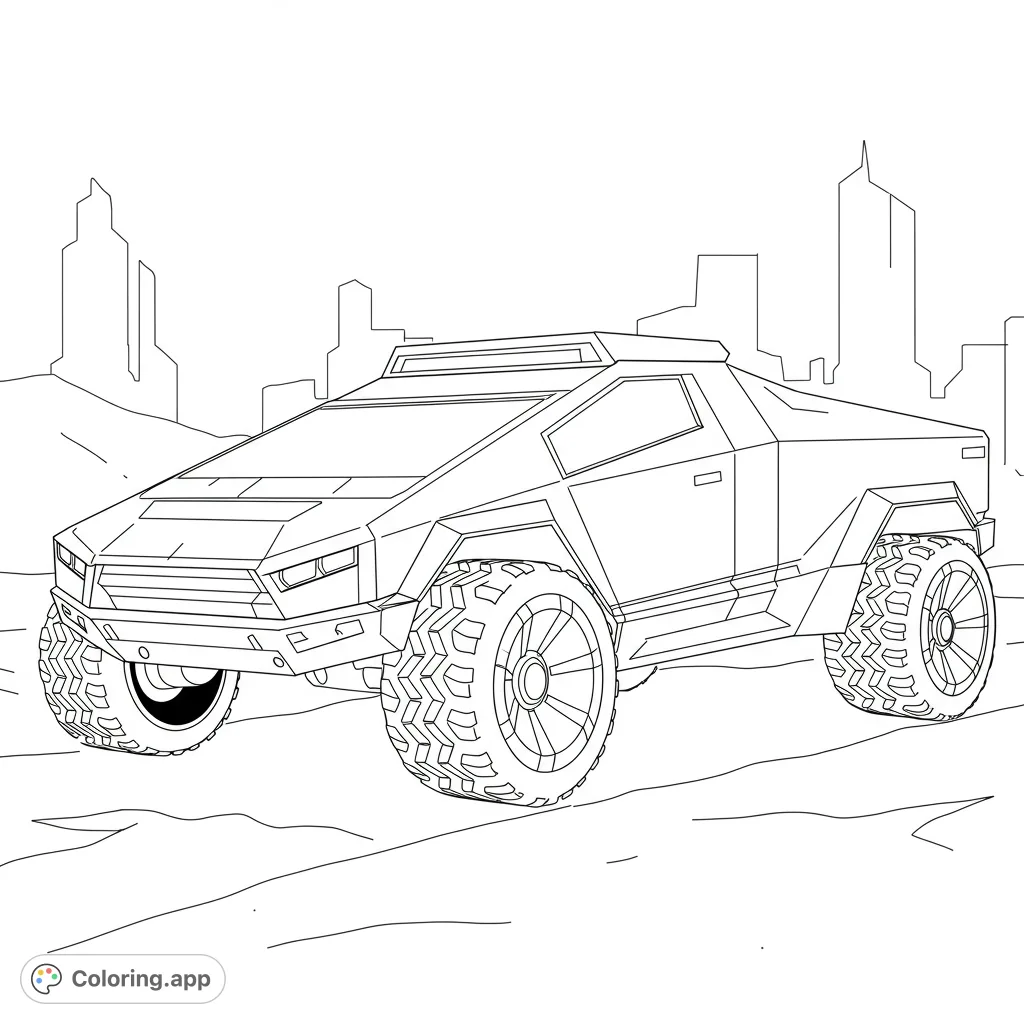 A sleek, angular cyber truck coloring page with clean lines and geometric shapes, perfect for fans of futuristic vehicles and modern design.