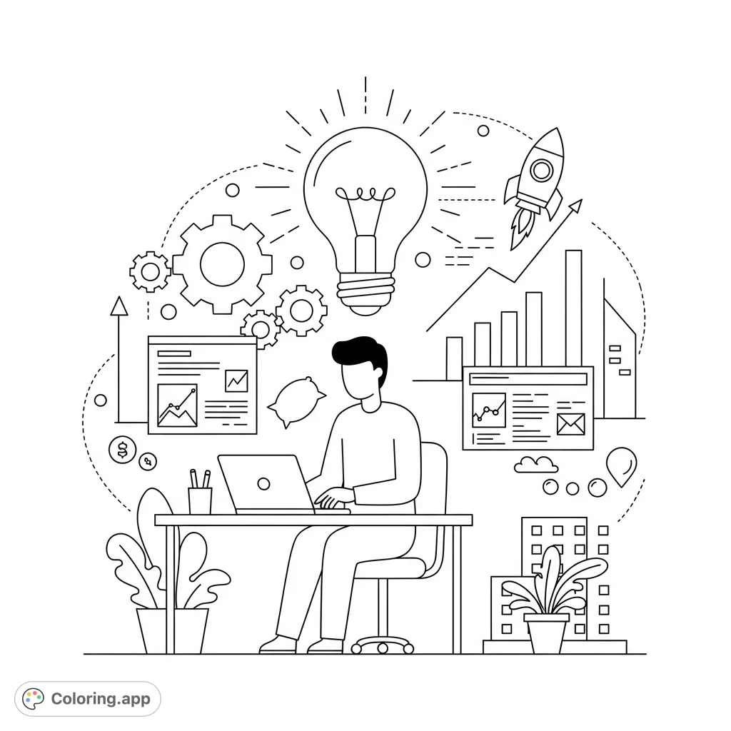 Ignite creativity with this entrepreneurship coloring page, featuring a dynamic scene of innovation, growth, and business success for all ages.