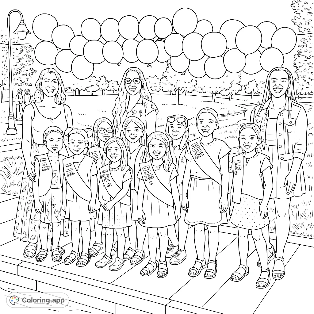 A joyful group of girls and women stand on a bridge under a vibrant rainbow balloon arch in a park setting, perfect for creative coloring.