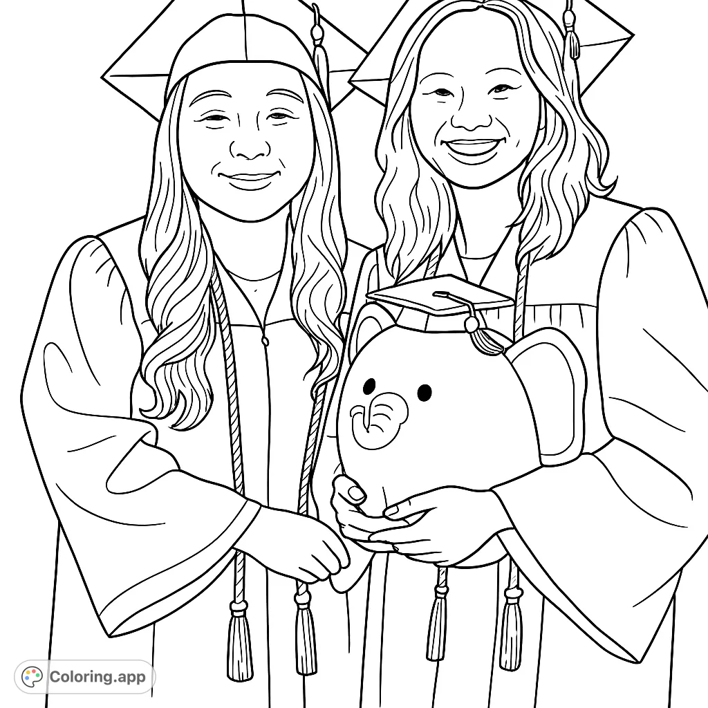 Celebrate success! Two happy graduates in caps and gowns, one holding a cute elephant plush, ready for a vibrant coloring adventure.