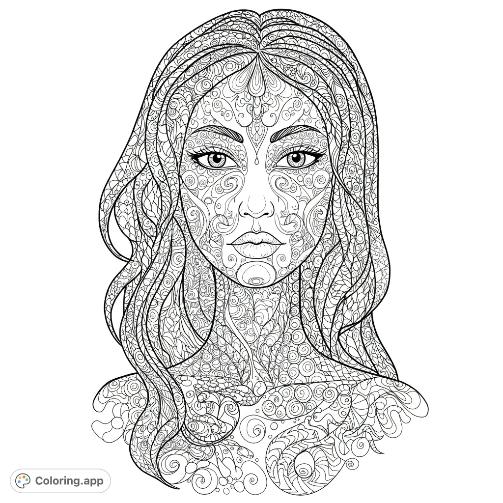 Dive into intricate patterns with this abstract zentangle portrait. A detailed face composed of mesmerizing designs, perfect for mindful coloring.
