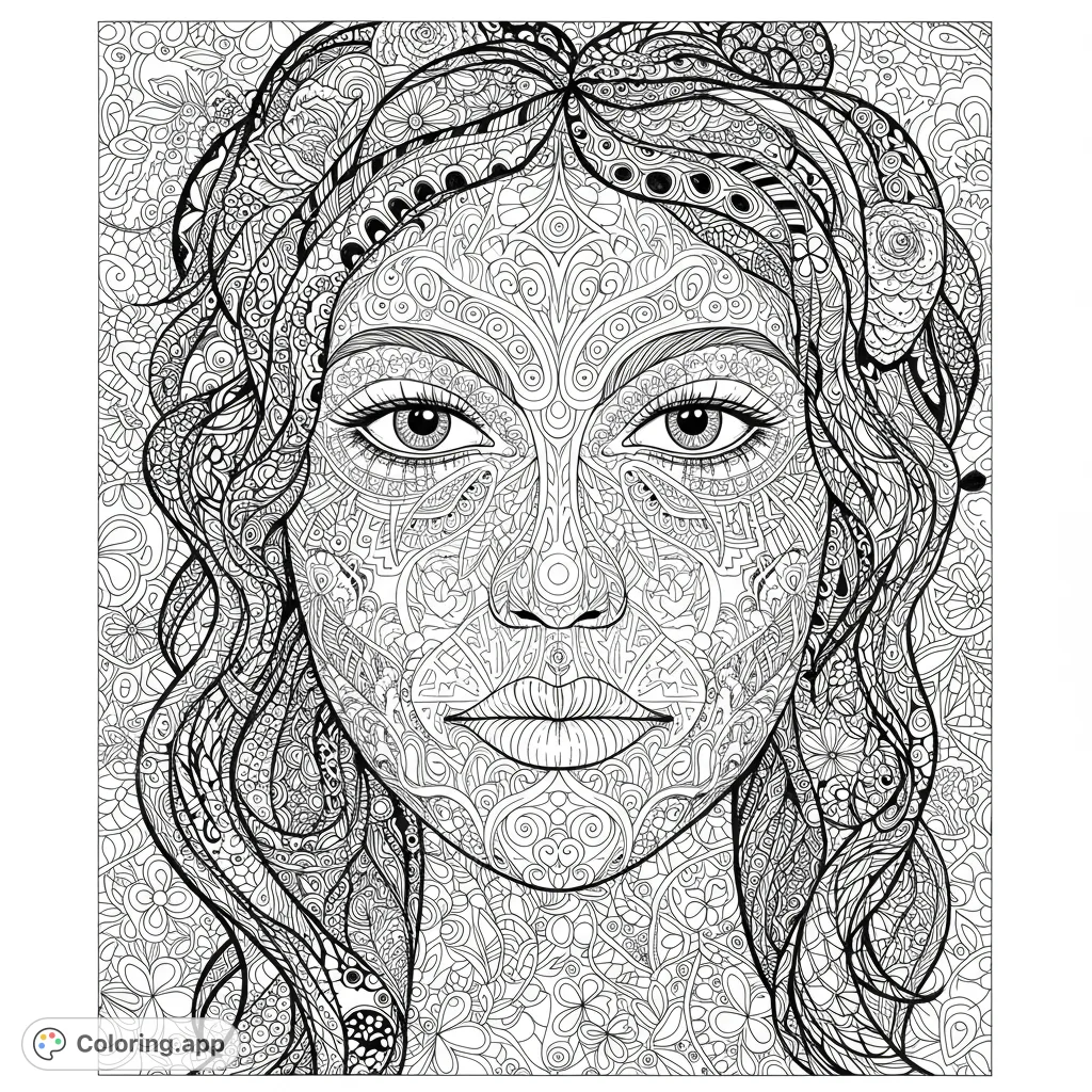 Detailed Zentangle portrait coloring page featuring intricate patterns forming a human face. Perfect for mindfulness and creative expression.