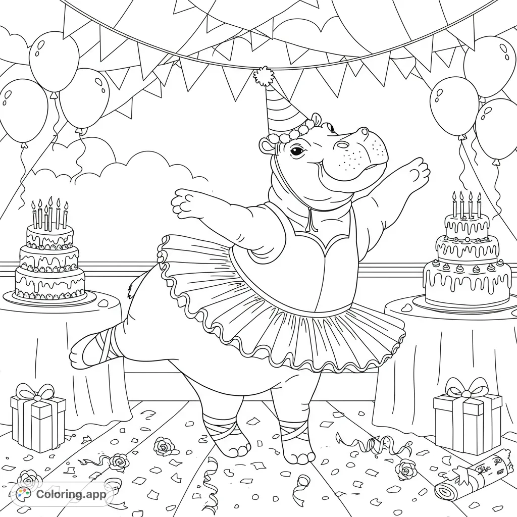 A delightful hippo ballerina in a birthday hat dances amidst festive balloons and a grand cake. Perfect for a fun, celebratory coloring experience!
