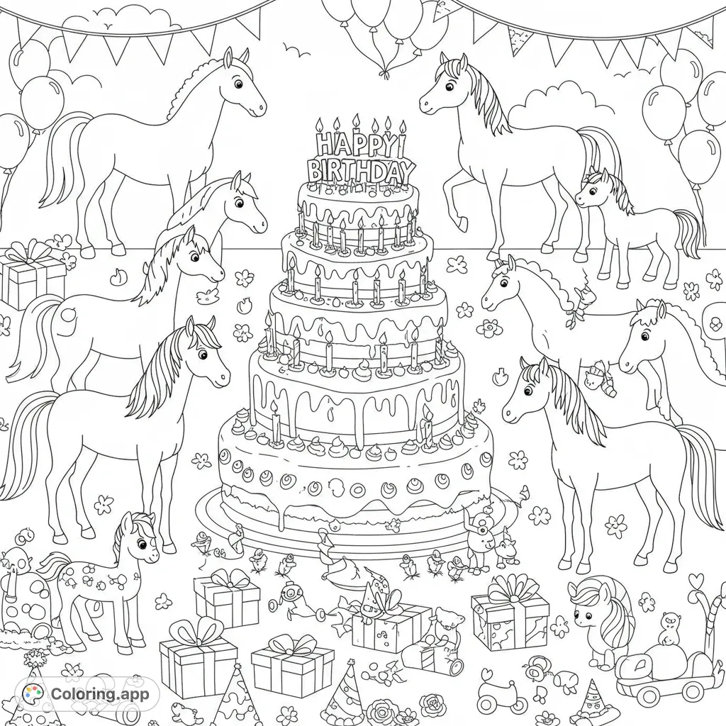 Gallop into fun with this horse birthday party coloring page! Features diverse horses, a grand cake, party hats, and gifts for a festive celebration.