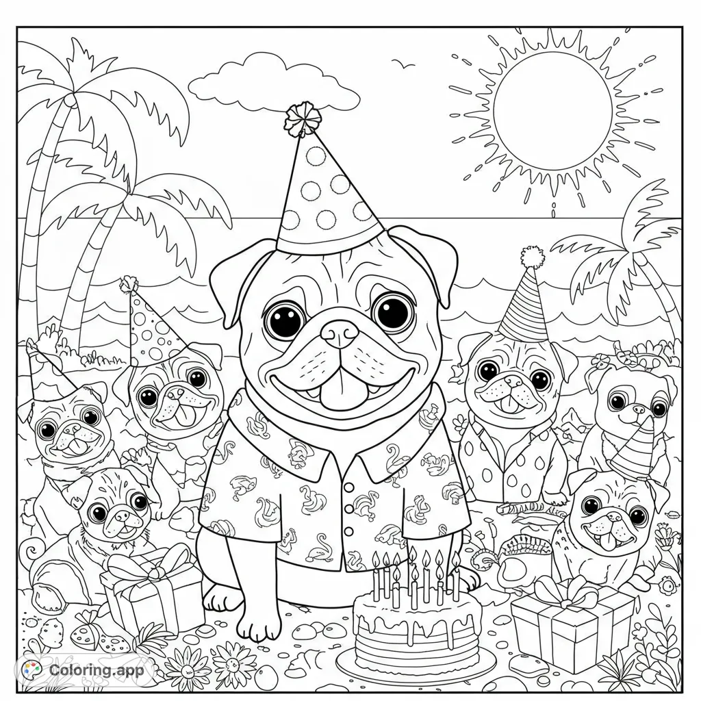 Celebrate with a fun pug birthday coloring page! Features a central pug with a flamingo shirt, surrounded by costumed pugs, a 15-candle cake, and Florida-themed elements. Perfect for all ages!