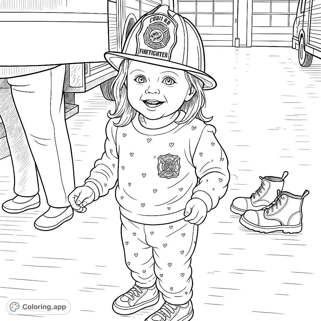 Adorable child in a junior firefighter helmet, ready for adventure at the fire station. Perfect for aspiring heroes!
