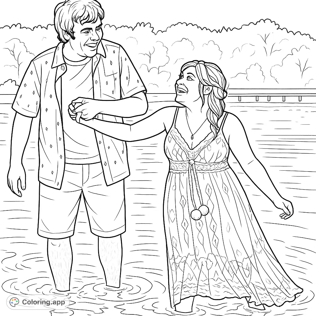 A beautiful romantic couple stands hand-in-hand in shallow lake water, smiling. Features intricate lace dress and water ripples for a serene coloring experience.