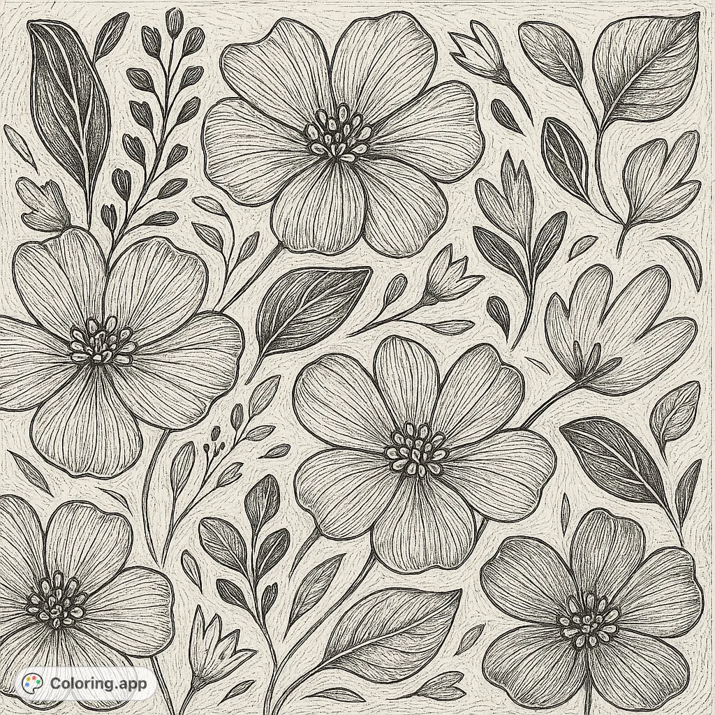 A beautiful vintage floral pattern coloring page featuring stylized blooms and leaves, perfect for a retro aesthetic and detailed coloring fun.