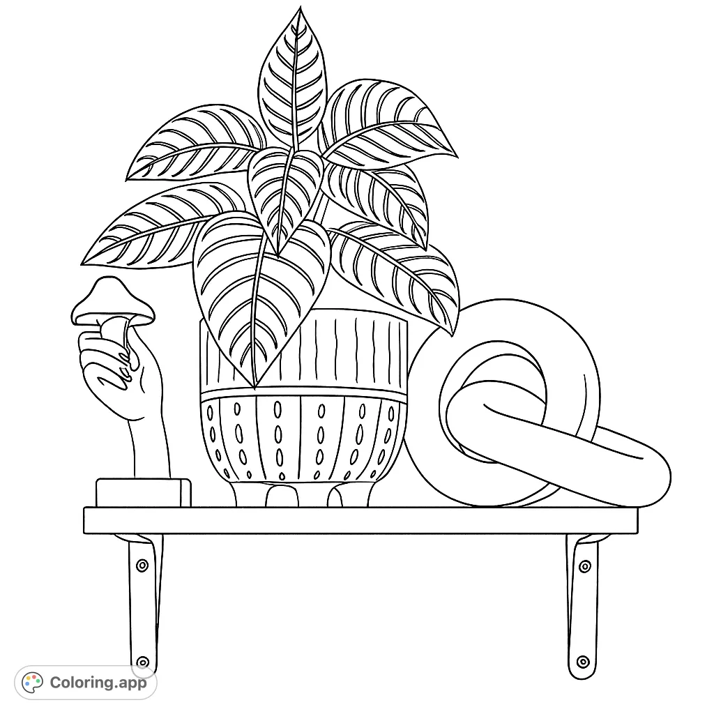 Color a stylish modern decor arrangement featuring a zebra plant in a patterned pot, an abstract statue, and a decorative chain on a wooden shelf.