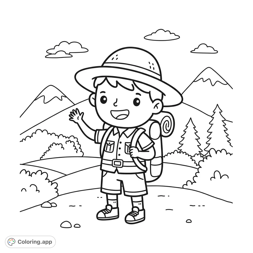 A cheerful explorer boy with a hat and backpack waves hello in a whimsical forest and mountain scene. Perfect for a fun, free printable coloring page adventure!