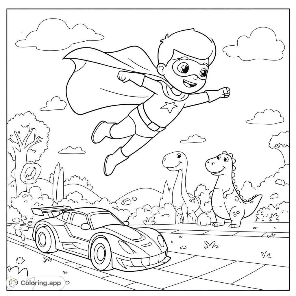 A thrilling superhero adventure coloring page featuring a flying hero, a speeding race car, and a friendly dinosaur, perfect for action-packed fun!
