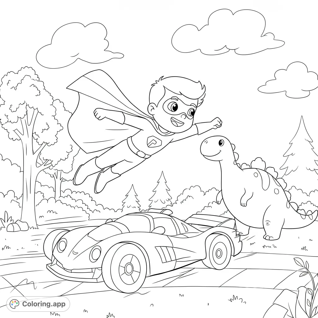 A thrilling superhero coloring page featuring a brave boy flying, a speedy race car, and a friendly dinosaur. Perfect for action-packed adventures!