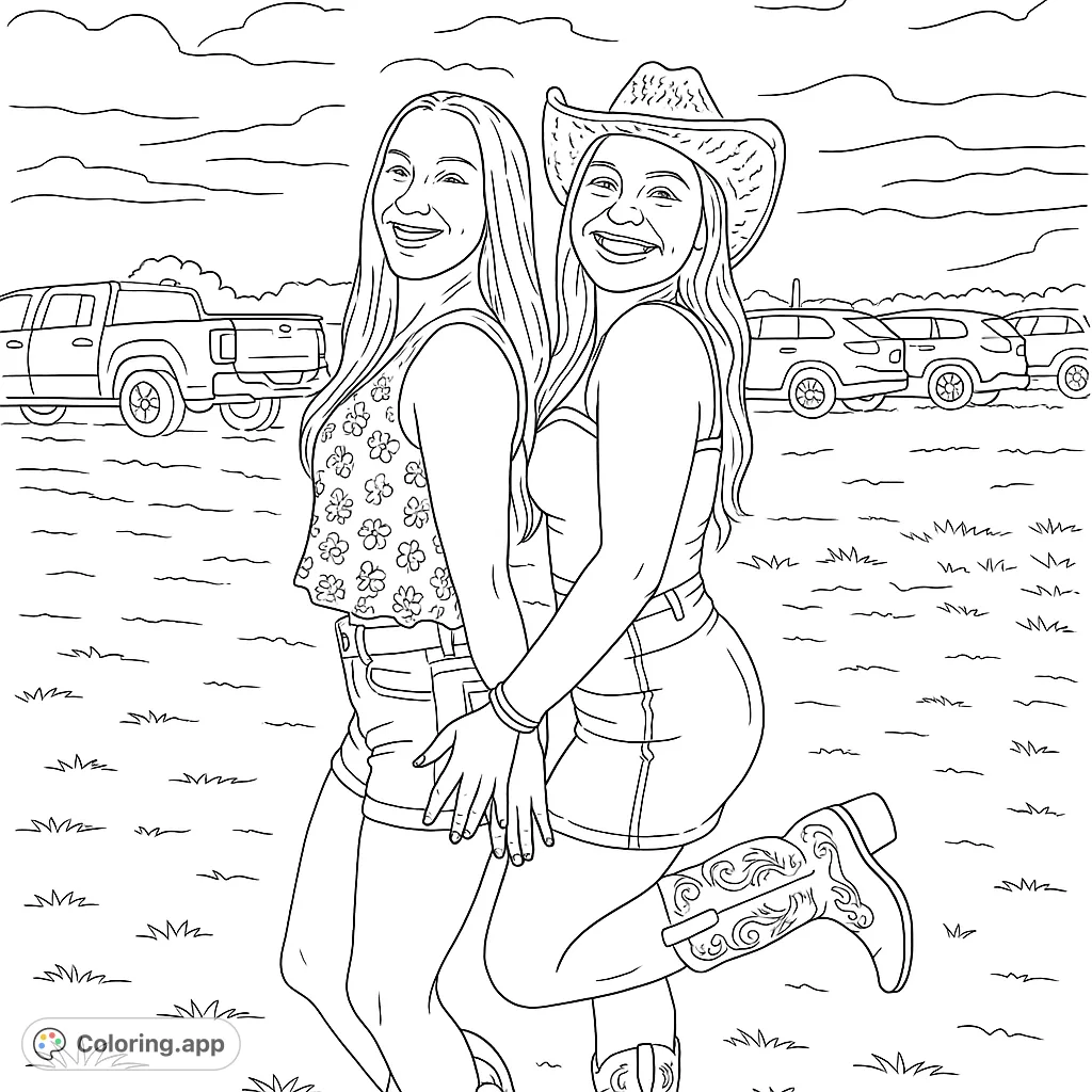 Two smiling friends in country attire, one with a cowboy hat and boots, standing outdoors. Perfect for a fun, country-themed coloring adventure!