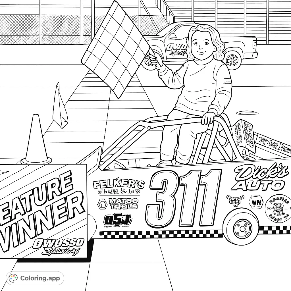 Celebrate victory with a young racer holding a checkered flag on a track, featuring a race car and winner's sign, ready for vibrant colors.