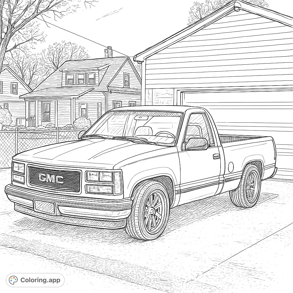 Detailed classic GMC pickup truck coloring page, featuring a custom hood scoop and chrome wheels, parked on a gravel driveway with houses in the background. Perfect for vehicle enthusiasts.