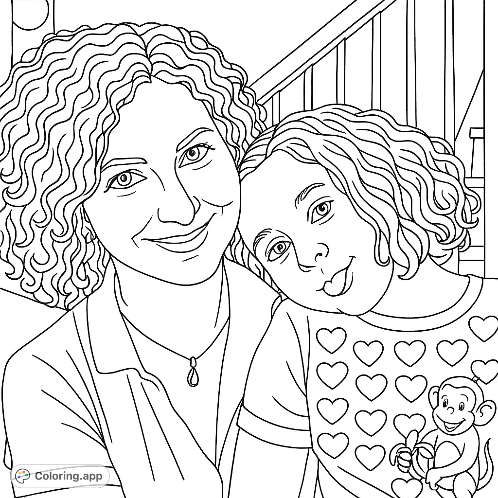 A heartwarming family coloring page featuring a smiling woman and a playful girl with curly hair, perfect for all ages.