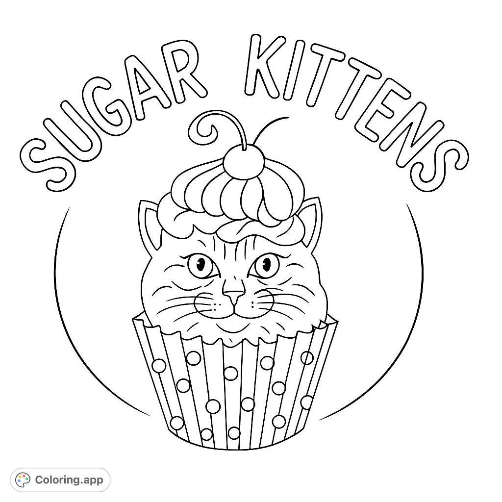 A delightful cat's head peeking from a cupcake wrapper, topped with swirled frosting and a cherry. A sweet and charming design for all ages.