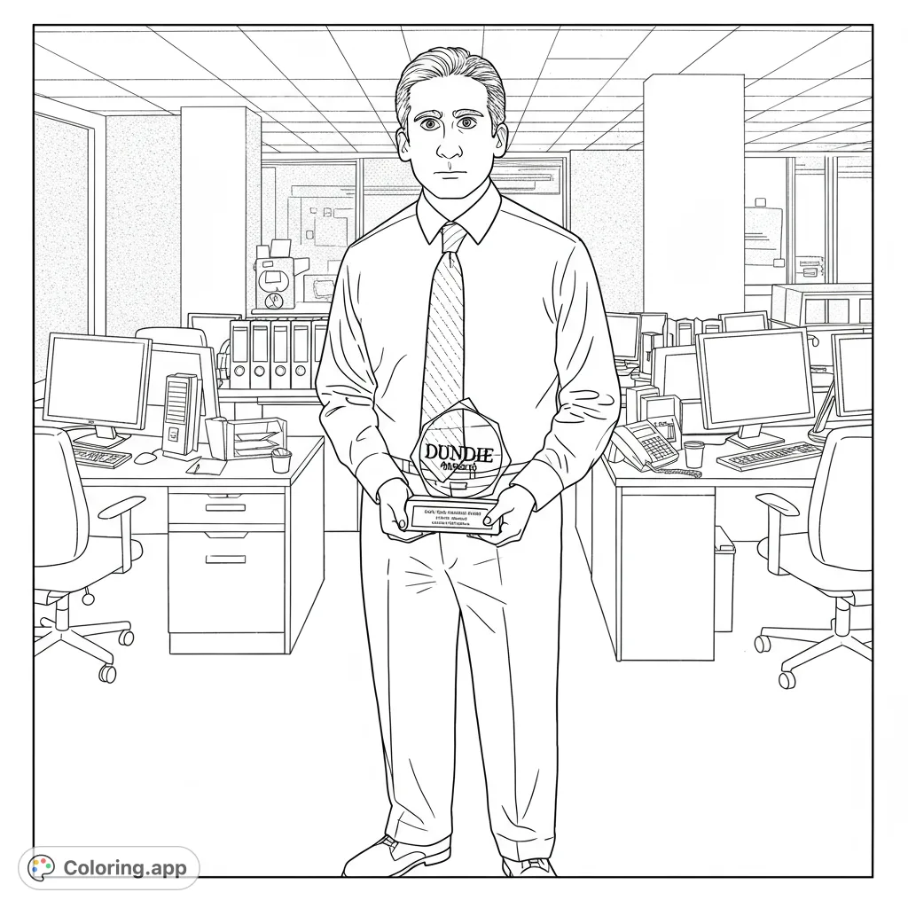 Color Michael Scott confidently holding his Dundie Award in the iconic Dunder Mifflin office. A fun, free printable coloring page for fans!