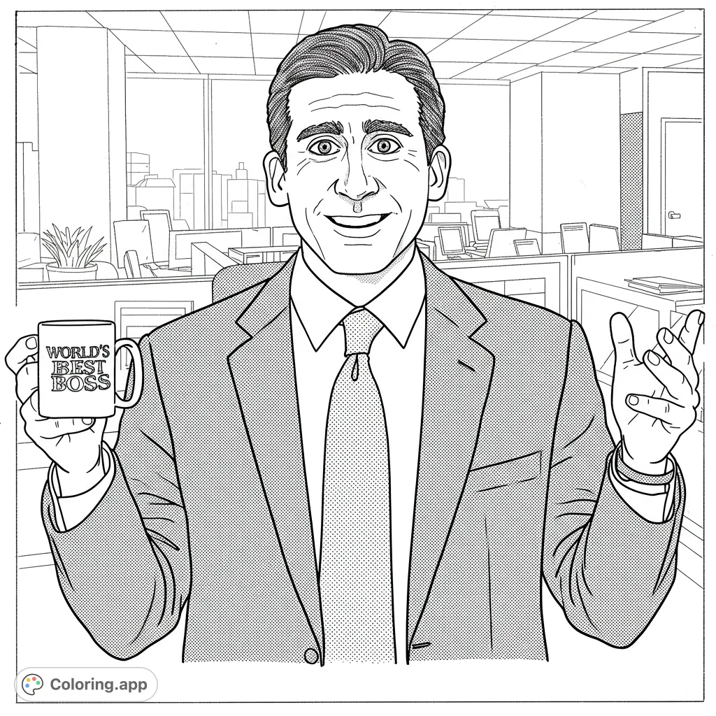 A hilarious Michael Scott coloring page featuring the 'World's Best Boss' with his signature awkward smile and mug, set in the Dunder Mifflin office. Perfect for fans!