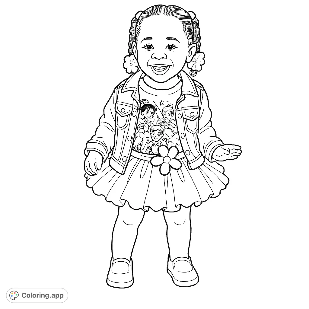 A joyful young girl in a fluffy green tutu and denim jacket, ready for a fun coloring adventure. Perfect for kids and adults!