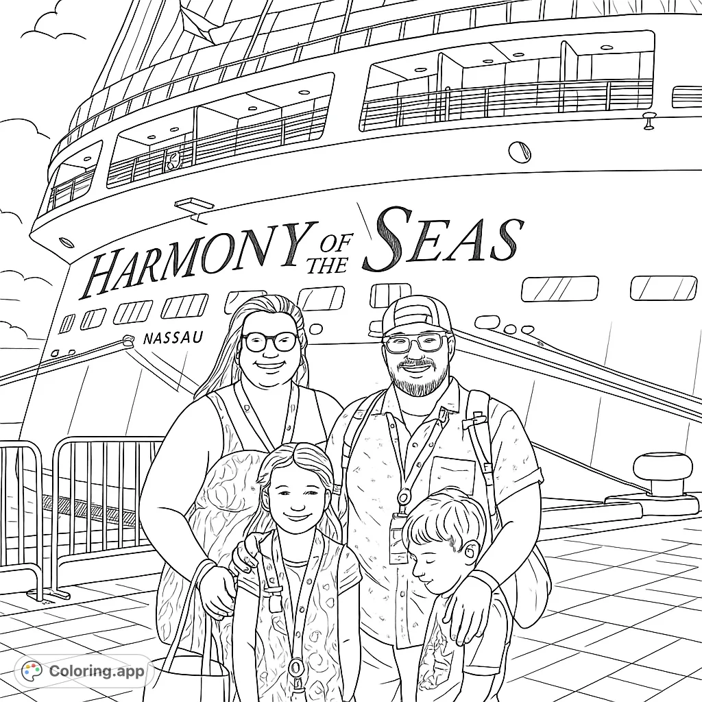 A happy family stands before a massive cruise ship, ready for adventure. Perfect for travel enthusiasts and family fun.