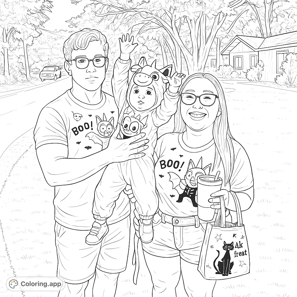 A joyful family in Halloween costumes, featuring a baby in a Bluey outfit, ready for trick-or-treating. Perfect for festive coloring fun!