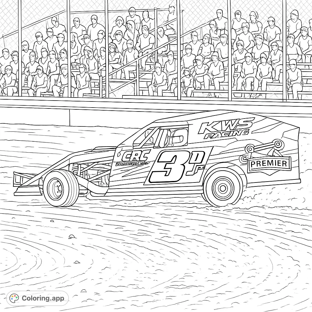 Dynamic dirt track race car speeding, kicking up dust, with a crowd cheering in the background. Perfect for racing fans to color!