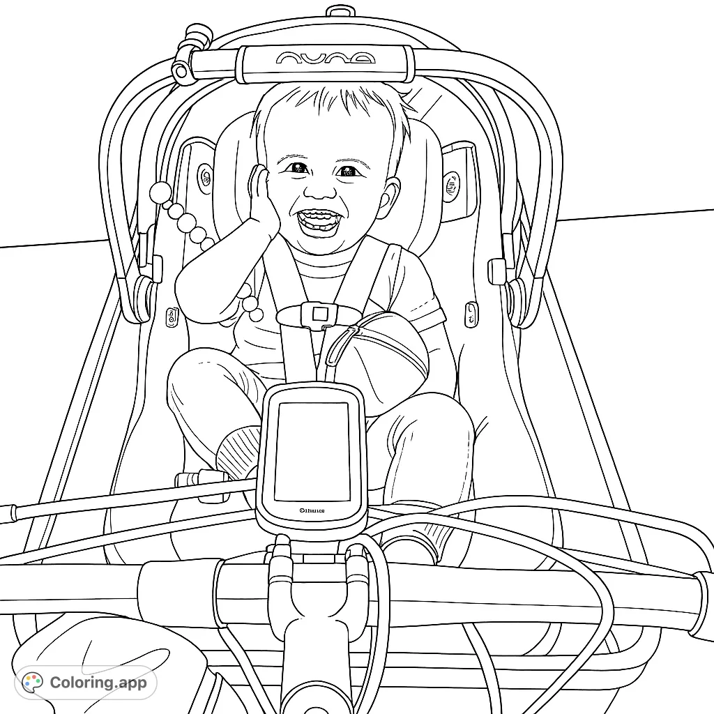 A cheerful baby smiles from a bike-mounted car seat, hands on cheeks, ready for adventure. Perfect for a joyful, active coloring experience.