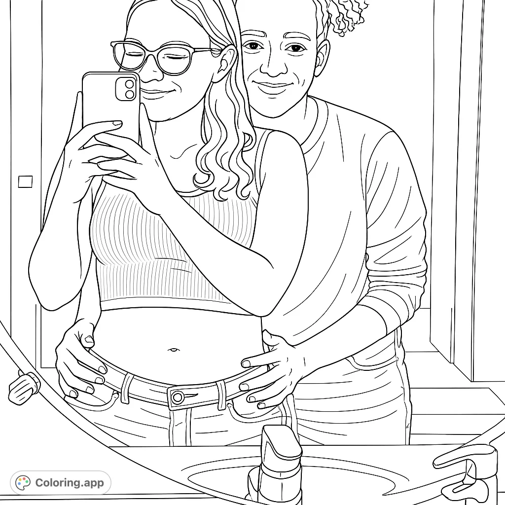 A heartwarming mirror selfie of two people embracing, featuring detailed clothing and a unique sink reflection, perfect for a friendship coloring page.