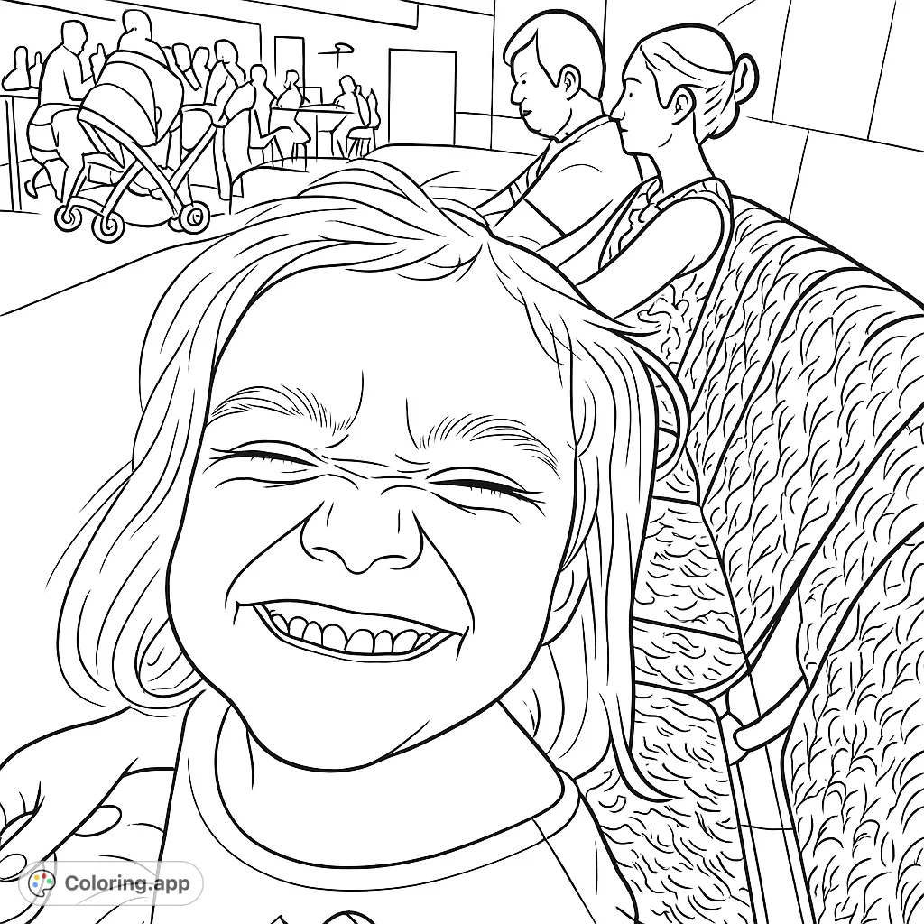 Capture pure joy with this happy child's wide smile and squinted eyes. A delightful, free printable coloring page for kids and adults.