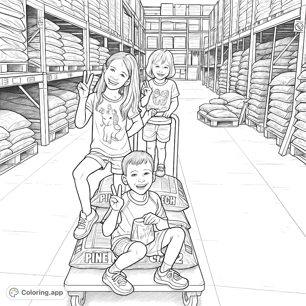 Three cheerful children enjoy a playful adventure on a store cart, surrounded by tall shelves packed with products. A fun and engaging scene for all ages.