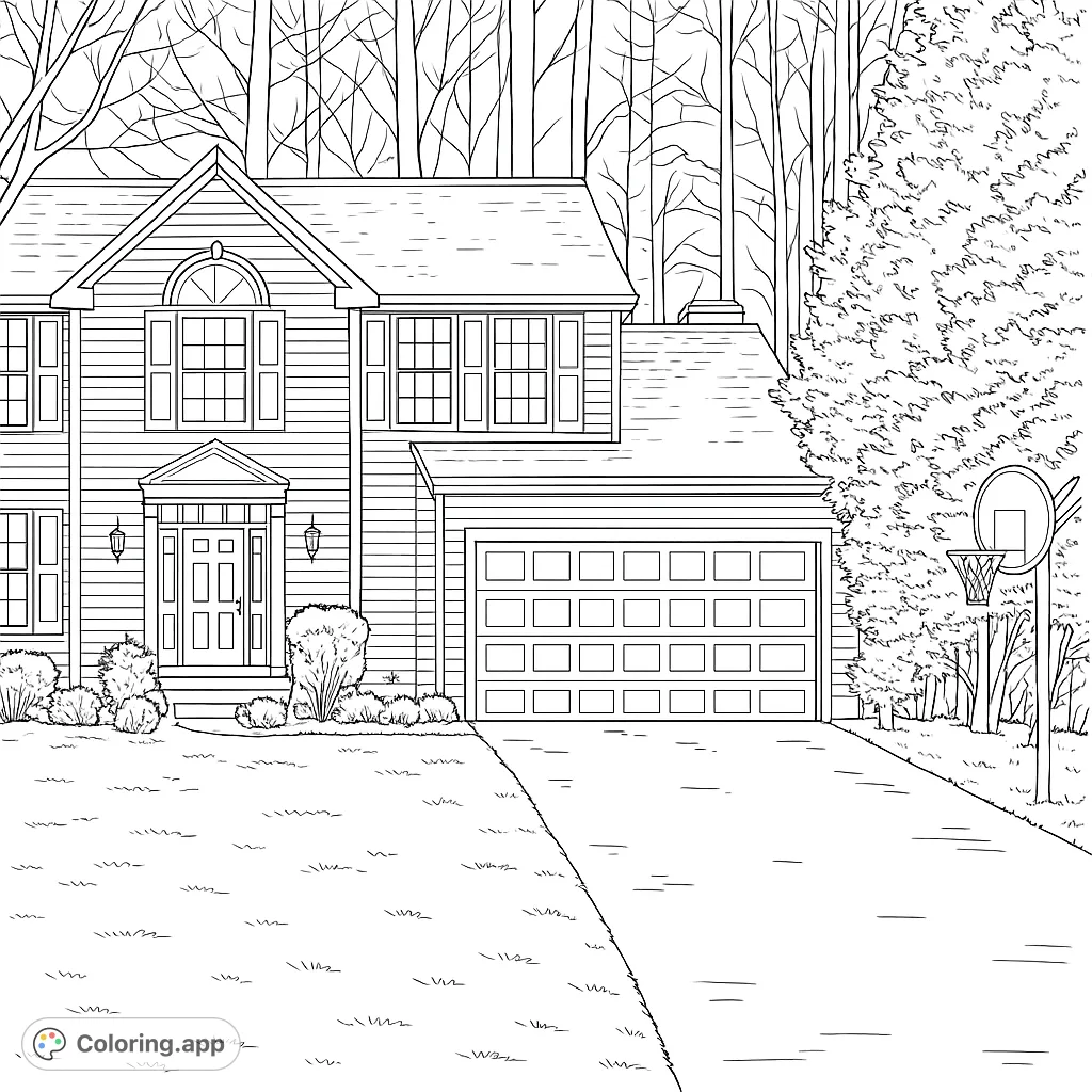 Color a charming suburban house with detailed windows, a garage, and a basketball hoop. Perfect for home-themed creativity and architectural exploration.