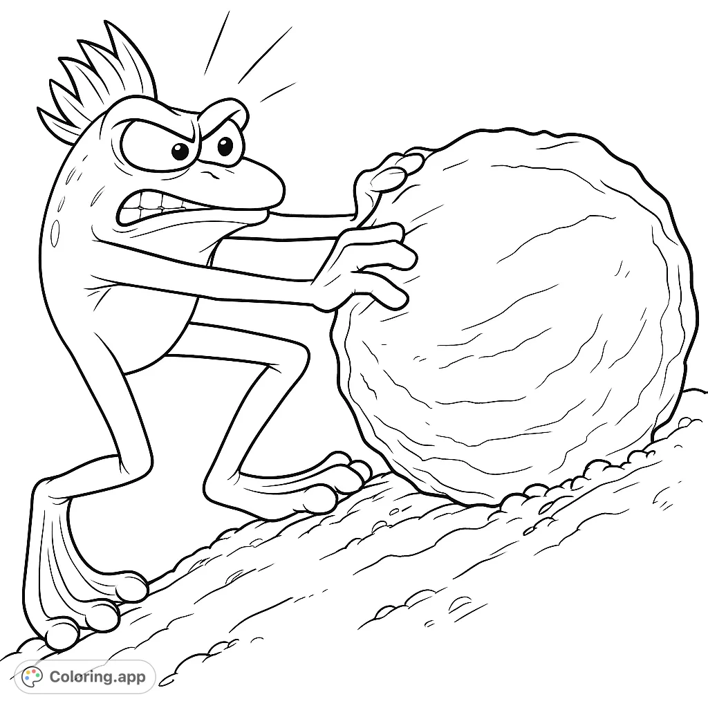 A determined frog-like creature pushes a massive boulder up a steep incline, showcasing strength and perseverance. A fun challenge for all ages.