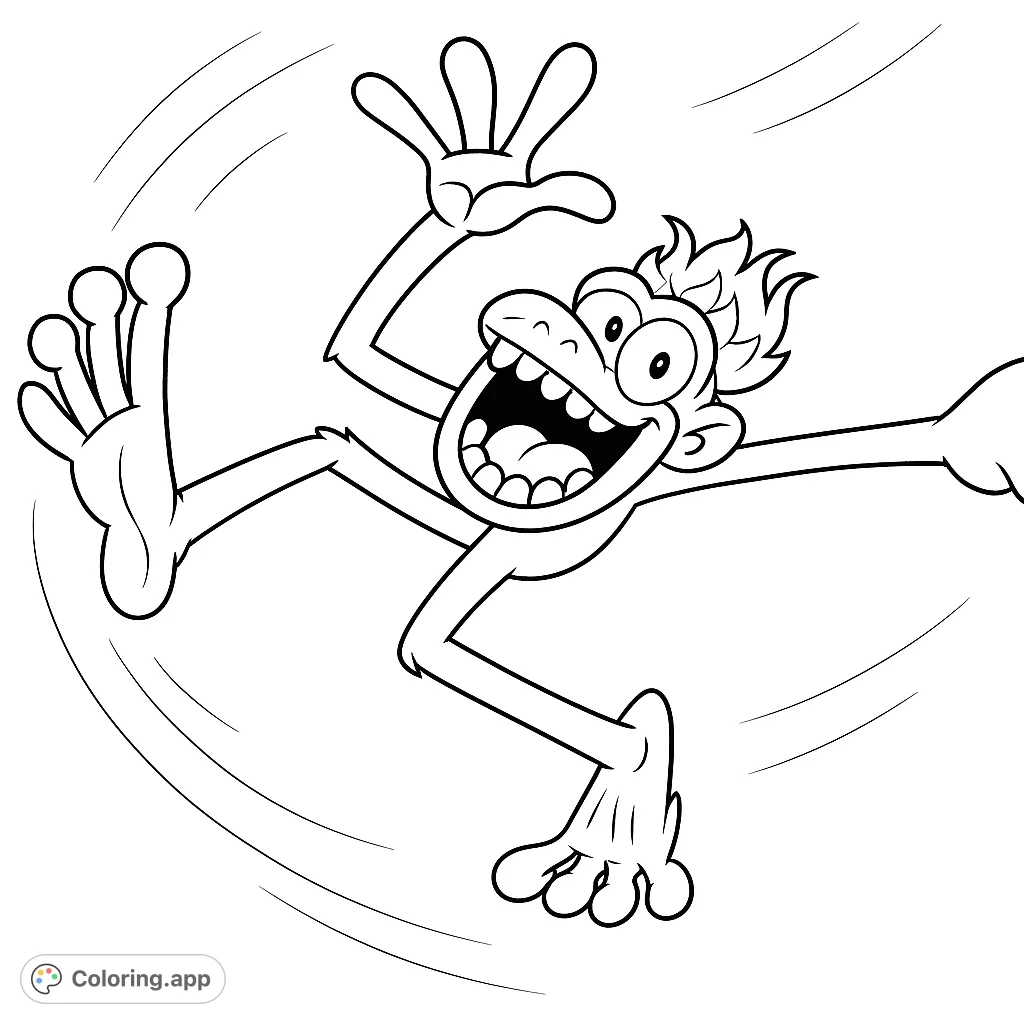 Unleash your creativity with this energetic flame creature coloring page! Perfect for all ages, featuring a dynamic character in mid-leap. A fun, free printable.
