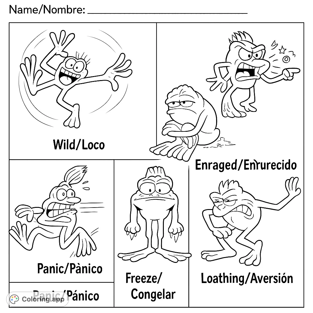 Explore a range of emotions with six expressive cartoon frogs! A fun and engaging free printable coloring page for kids and adults to learn about feelings.