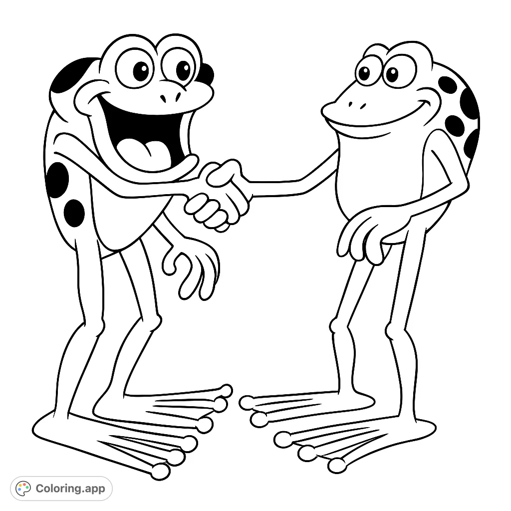 A delightful frog coloring page featuring two friendly frogs shaking hands, perfect for teaching friendship and social skills.