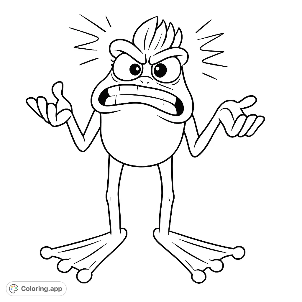 A comical, frustrated cartoon frog with spiky hair and an exasperated expression, perfect for a fun and expressive coloring page.