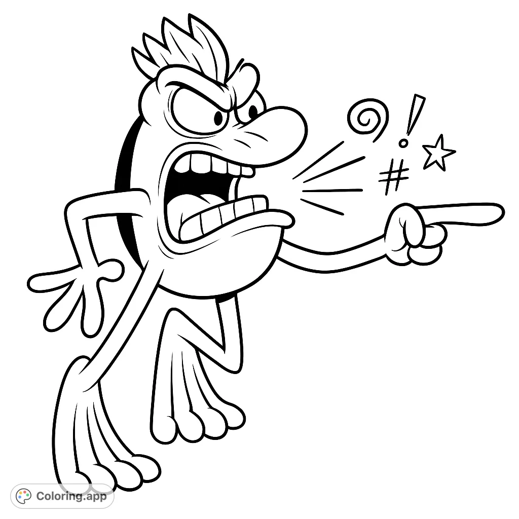An expressive cartoon creature, mouth wide open in a shout, pointing emphatically. A fun, dynamic coloring page for all ages.