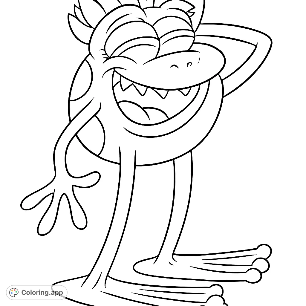 A delightful cartoon creature with a wide, happy smile and unique leaf-like head adornments, perfect for a fun and imaginative coloring experience.