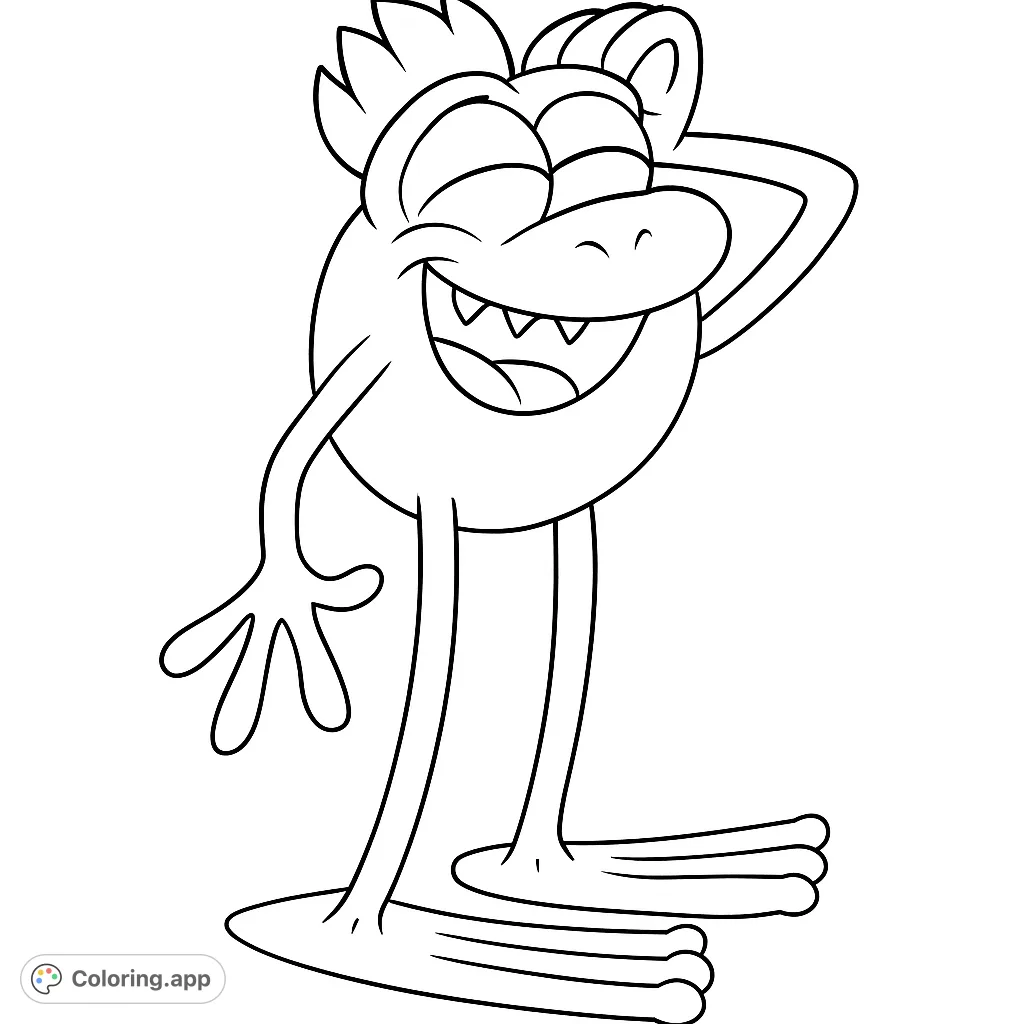 A cheerful cartoon frog with a wide smile and unique headpiece, perfect for a fun and simple coloring activity for all ages.