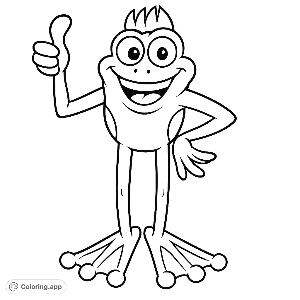 A cheerful cartoon frog stands tall, giving a big thumbs-up with a wide smile. A fun and friendly frog coloring page for all ages.