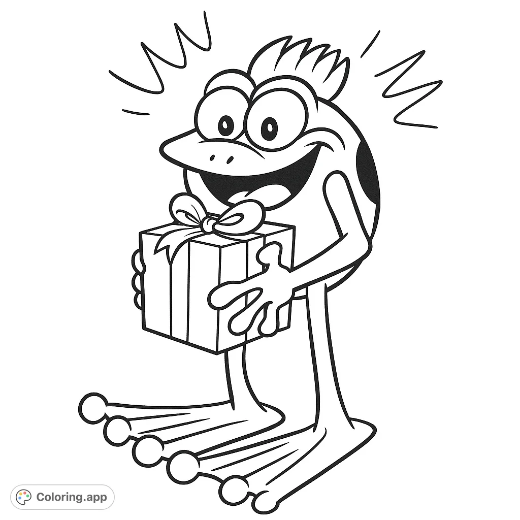 A delightful cartoon frog beams with joy, holding a wrapped present. This fun coloring page is perfect for celebrating special moments and sparking creativity.