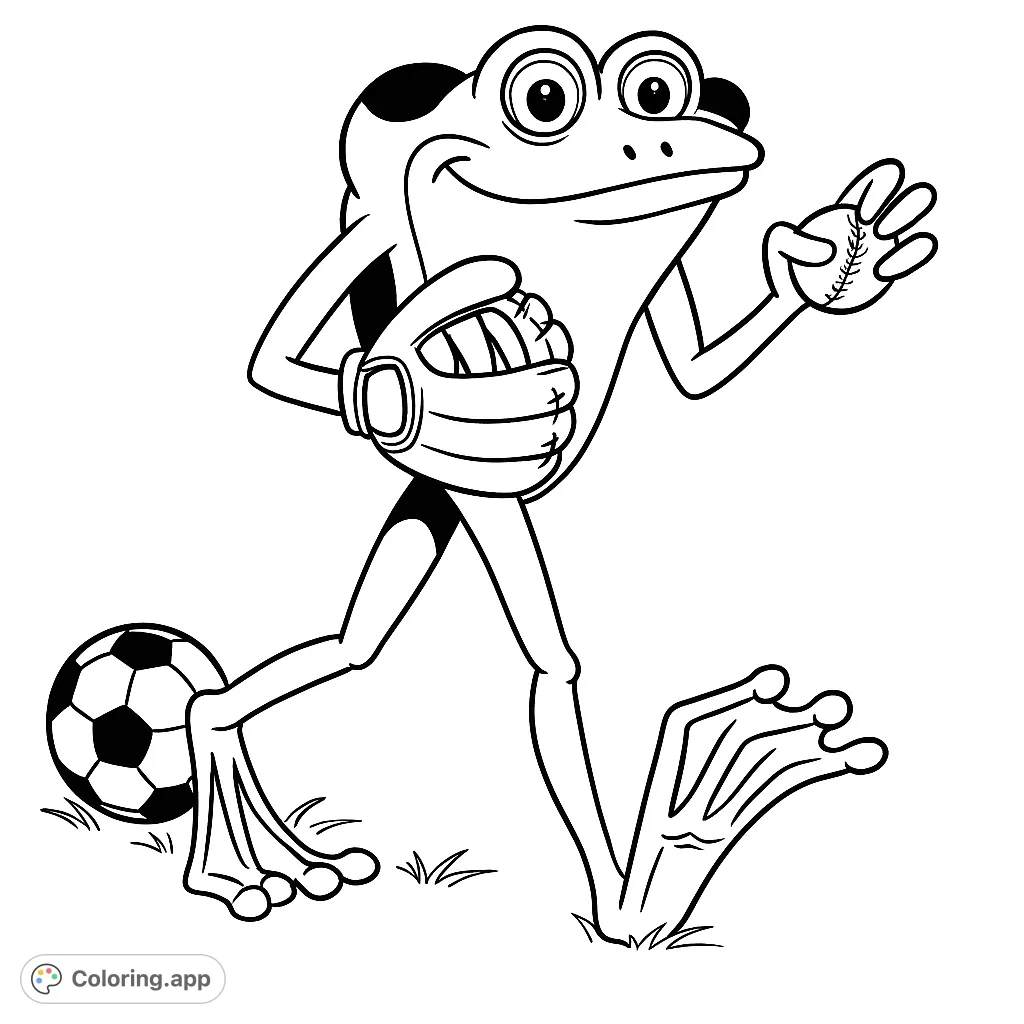 A fun, sporty frog character ready for action with a baseball and glove, plus a soccer ball nearby. Perfect for young sports enthusiasts!