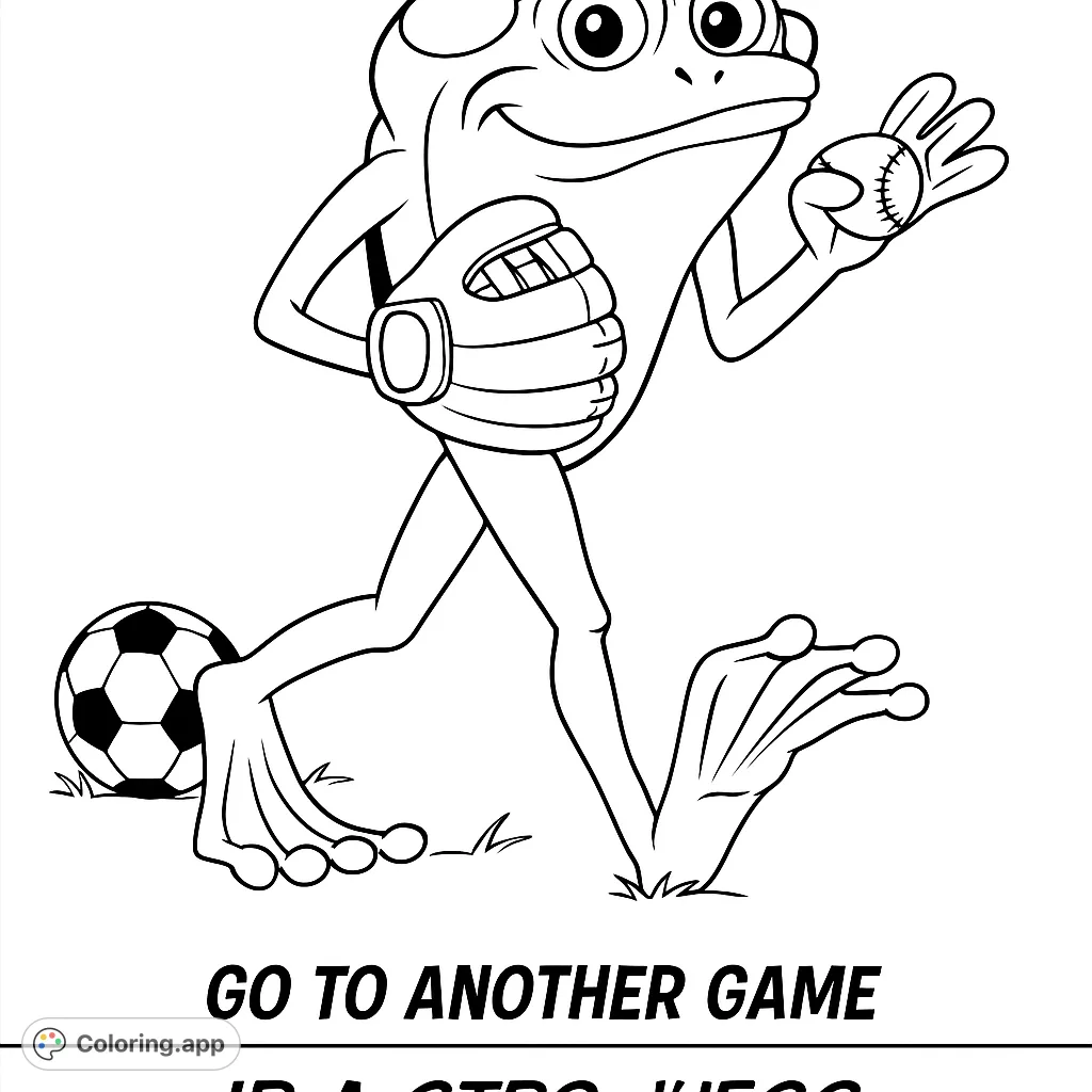 A cheerful cartoon frog ready for action, holding a baseball and glove, with a soccer ball nearby. Perfect for young sports enthusiasts!