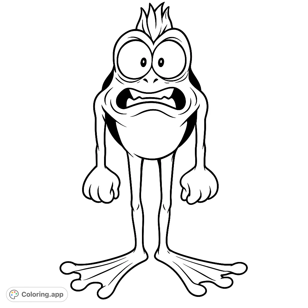 Color a quirky, wide-eyed cartoon creature with a spiky crown and webbed feet. A fun, free printable coloring page for all ages!