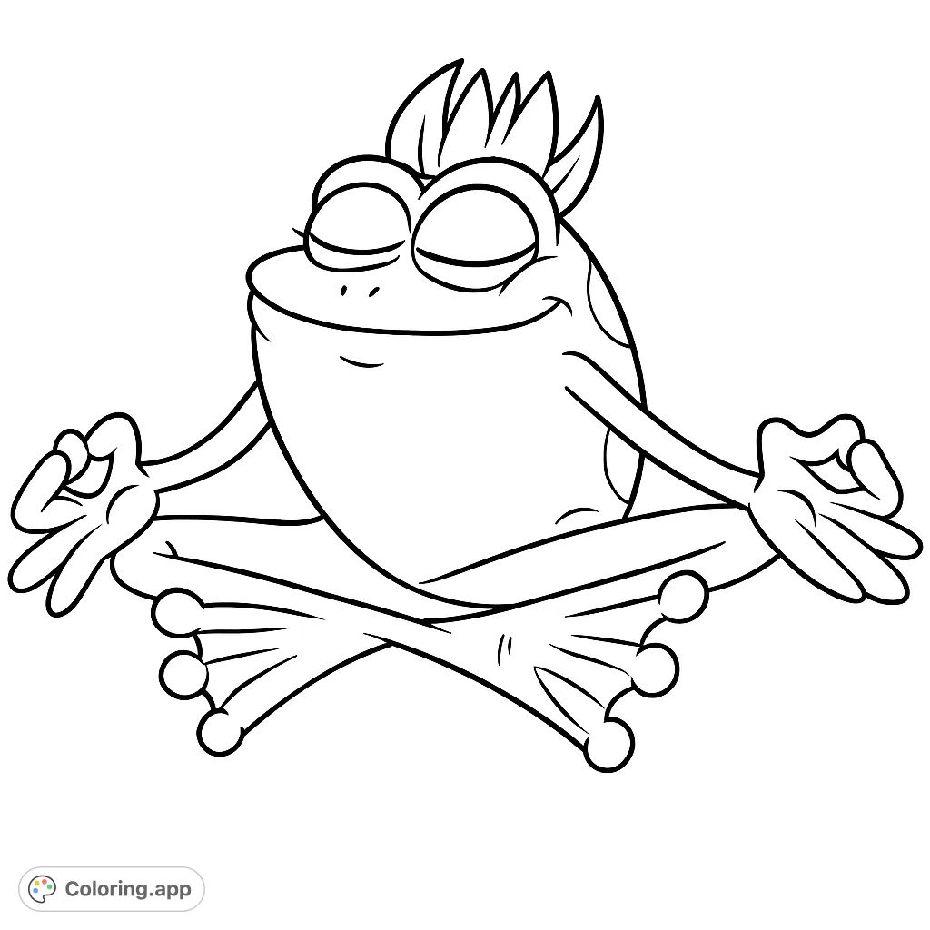 A charming frog in a peaceful meditation pose, perfect for a relaxing coloring experience. Features a unique spiky headpiece and serene expression.