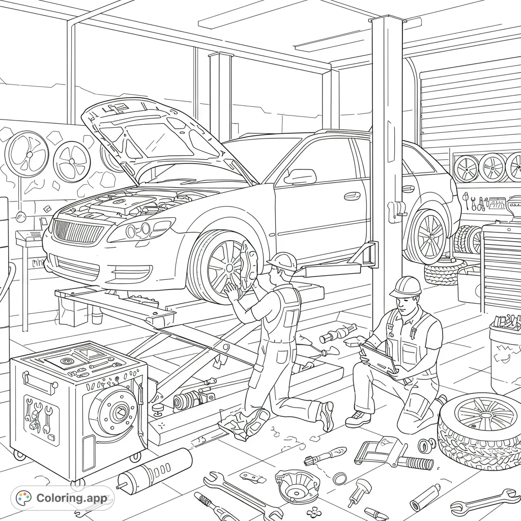 Explore a bustling mechanical shop scene with a car on a lift, mechanics performing an engine check and brake repair. Intricate details for a challenging coloring experience.