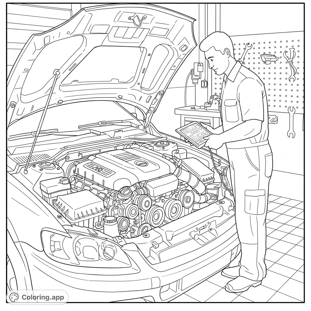 Explore a detailed mechanical shop coloring page featuring a mechanic performing an engine check with a diagnostic test. Perfect for car enthusiasts!